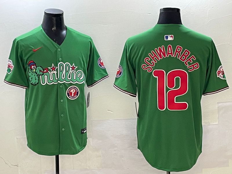 Men Philadelphia Phillies #12 Schwarber Green Three generations Joint Name Game 2025 Nike MLB Jersey style 6